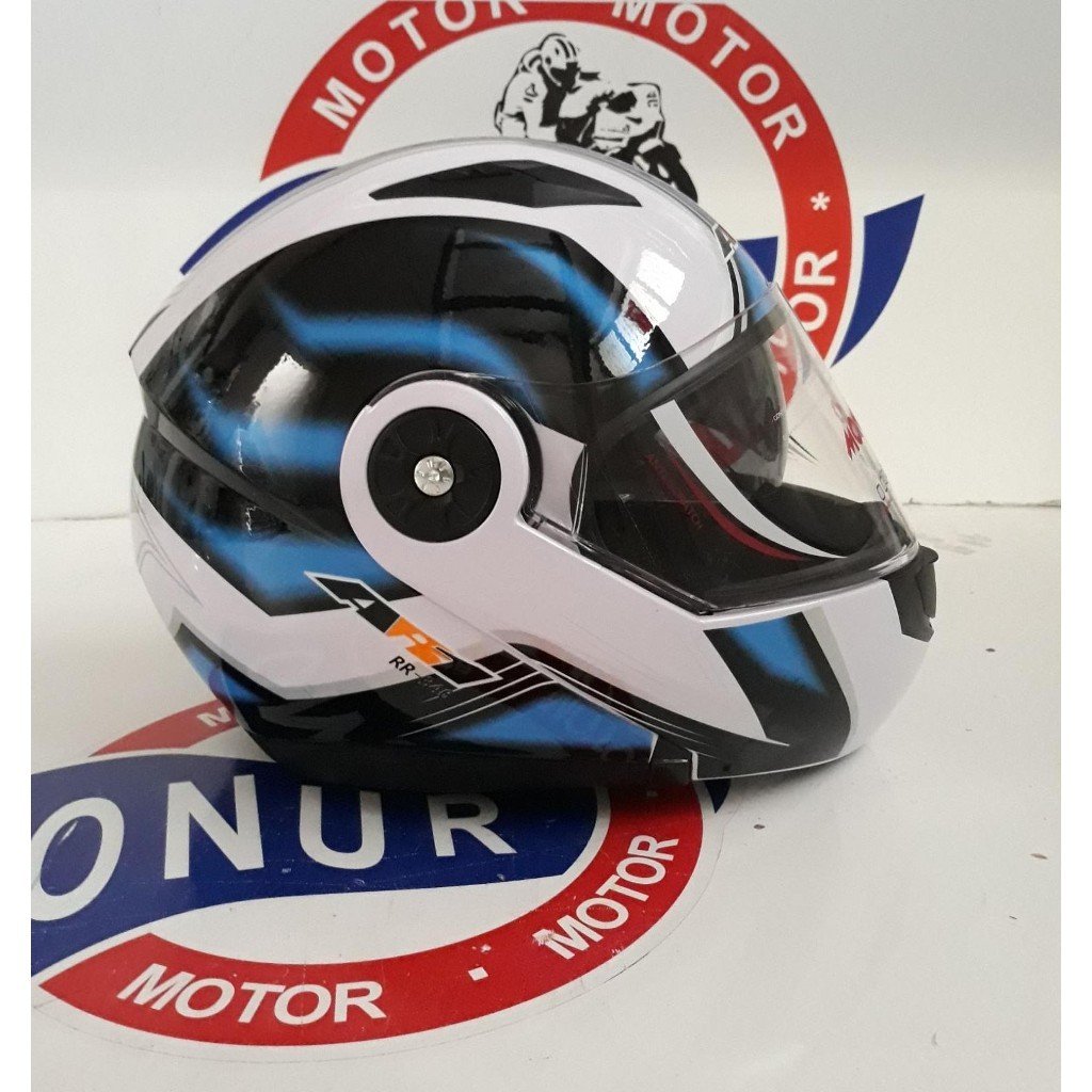 AR1 ÇENE AÇILIR VİZÖRLÜ KASK BEYAZ-MAVİ-DESENLİ